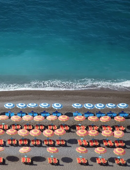 Framed Print : Colourful sunbeds and parasols on the beach, Positano, Amalfi Coast, Salerno Province, Campania, Italy Framed Print : Colourful sunbeds and parasols on the beach, Positano, Amalfi Coast, Salerno Province, Campania, Italy