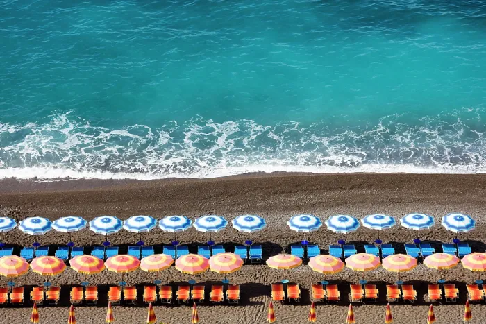 Framed Print : Colourful sunbeds and parasols on the beach, Positano, Amalfi Coast, Salerno Province, Campania, Italy Framed Print : Colourful sunbeds and parasols on the beach, Positano, Amalfi Coast, Salerno Province, Campania, Italy