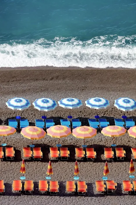 Framed Print : Colourful sunbeds and parasols on the beach, Positano, Amalfi Coast, Salerno Province, Campania, Italy Framed Print : Colourful sunbeds and parasols on the beach, Positano, Amalfi Coast, Salerno Province, Campania, Italy