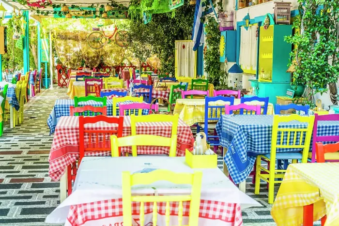 Framed Print : The colourful Zorbas restaurant in Kos Town, Kos, Dodecanese Islands, Greece Framed Print : The colourful Zorbas restaurant in Kos Town, Kos, Dodecanese Islands, Greece