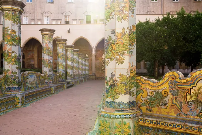 Framed Print : Columns decorated with majolica tiles in the cloister of Santa Chiara convent, Naples, Italy Framed Print : Columns decorated with majolica tiles in the cloister of Santa Chiara convent, Naples, Italy