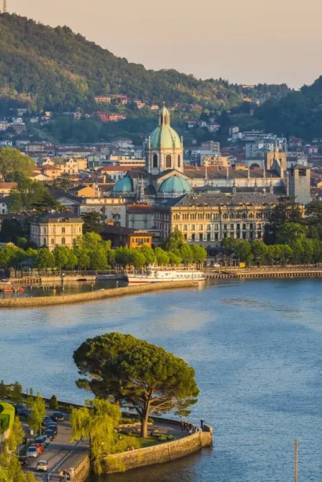 Framed Print : Como, Lombardy, Italy. High angle view cityscape of Como and the lake front, with