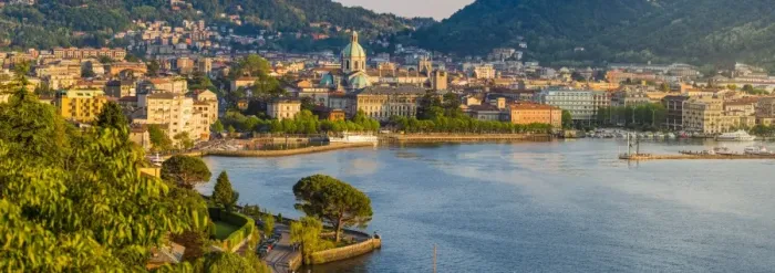 Framed Print : Como, Lombardy, Italy. High angle view cityscape of Como and the lake front, with