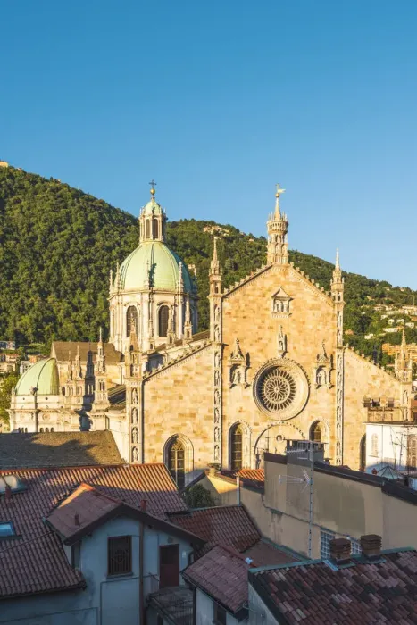 Framed Print : Como, Lombardy, Italy. High angle view of the tiled roofs and the Como Cathedral facade Framed Print : Como, Lombardy, Italy. High angle view of the tiled roofs and the Como Cathedral facade