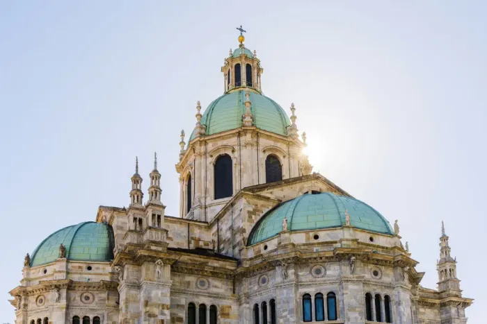 Framed Print : Como, Lombardy, Italy. Low angle view of the Como Cathedral (Duomo), dedicated to Framed Print : Como, Lombardy, Italy. Low angle view of the Como Cathedral (Duomo), dedicated to