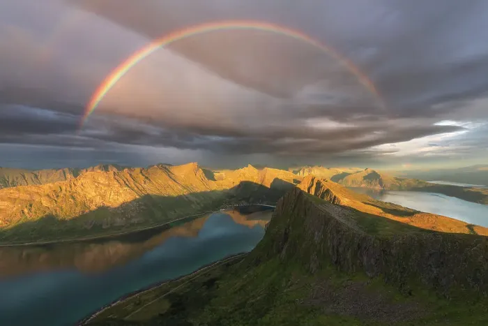 Framed Print : A complete rainbow above the fjords of Senja Island on a rainy summer evening. Norway Framed Print : A complete rainbow above the fjords of Senja Island on a rainy summer evening. Norway