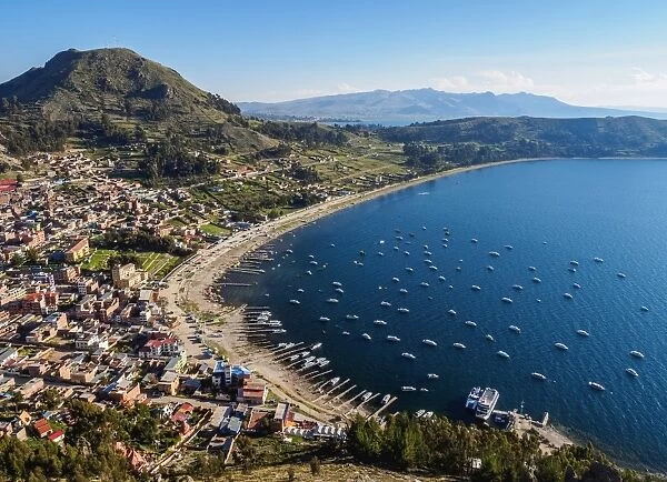 Copacabana Town and Titicaca Lake, elevated view, La Paz Department, Bolivia