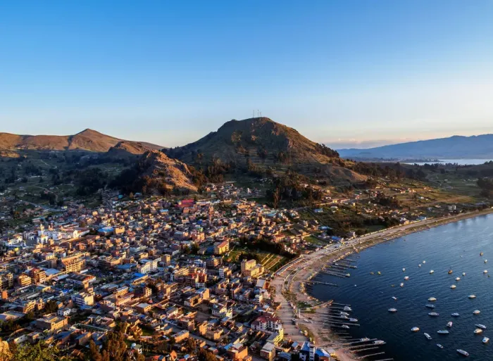 Framed Print : Copacabana Town and Titicaca Lake, elevated view, La Paz Department, Bolivia Framed Print : Copacabana Town and Titicaca Lake, elevated view, La Paz Department, Bolivia