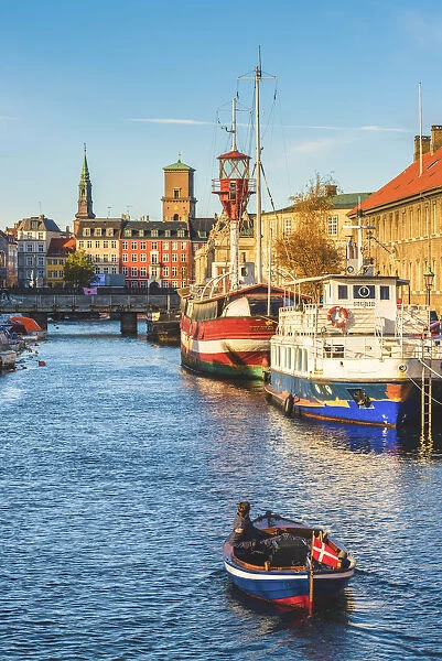 Copenhagen, Hovedstaden, Denmark, Northern Europe. Boats on a tiny canal in the old town