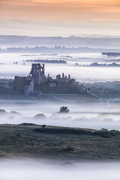 Corfe Castle at dawn, Isle of Purbeck, Dorset, England, UK