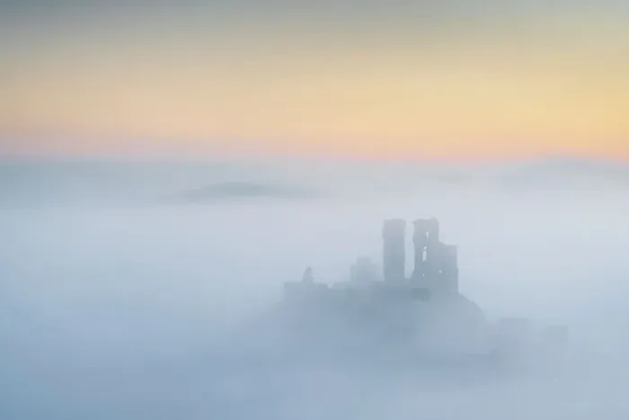 Framed Print : Corfe Castle emerging from mist on a frosty wintry morning, Dorset, England. Winter (February) 2023 Framed Print : Corfe Castle emerging from mist on a frosty wintry morning, Dorset, England. Winter (February) 2023