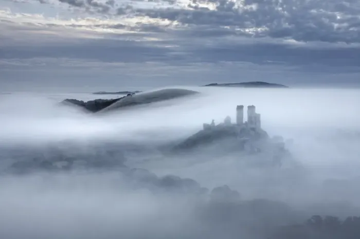 Framed Print : Corfe Castle in the mist, Dorset, England Framed Print : Corfe Castle in the mist, Dorset, England