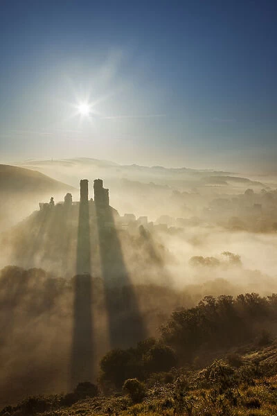 Corfe Castle in the mist, Dorset, England