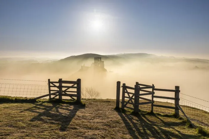 Framed Print : Corfe Castle at sunrise, Isle of Purbeck, Dorset, England, UK Framed Print : Corfe Castle at sunrise, Isle of Purbeck, Dorset, England, UK