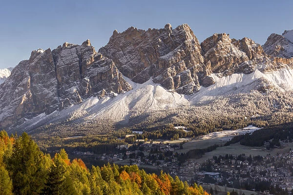 Cortina d Ampezzo and mount Pomagagnon with the first snow, Belluno district