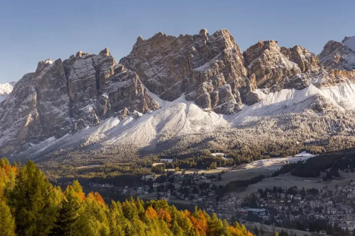 Framed Print : Cortina d Ampezzo and mount Pomagagnon with the first snow, Belluno district Framed Print : Cortina d Ampezzo and mount Pomagagnon with the first snow, Belluno district