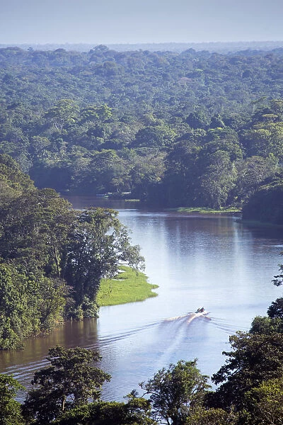 Costa Rica, Limon province, Tortuguero National Park, a tourist boat on the Tourtuguero