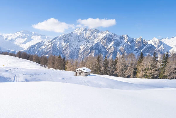 Cottage with Cima del Calvo in the background, Valtellina, province of Sondrio, Lombardy, Italian alps, Italy