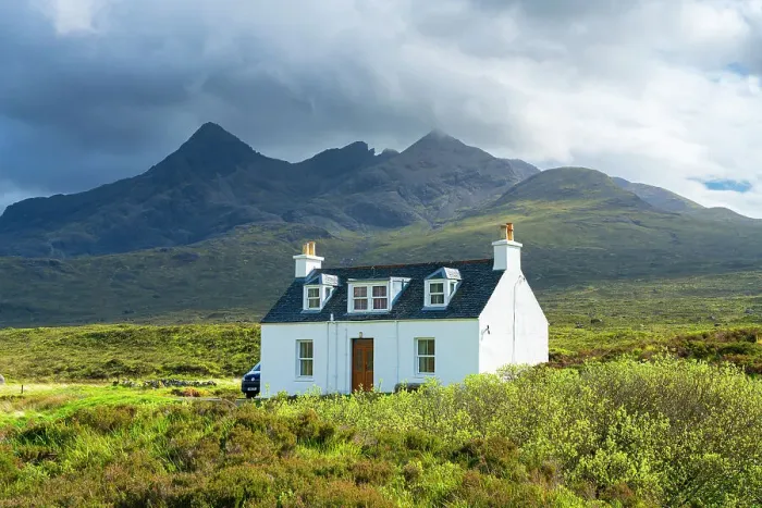 Framed Print : Cottage with Cuillin mountain range in background, near Sligachan, Isle of Skye, Scottish Highlands, Scotland, UK Framed Print : Cottage with Cuillin mountain range in background, near Sligachan, Isle of Skye, Scottish Highlands, Scotland, UK