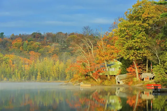 Framed Print : Cottage on Horseshoe Lake in morning fog Horseshoe Lake Ontario, Canada