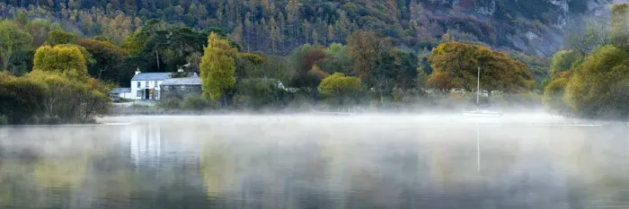 Framed Print : Cottage in Mist on Derwent Water, Lake District National Park, Cumbria, England Framed Print : Cottage in Mist on Derwent Water, Lake District National Park, Cumbria, England
