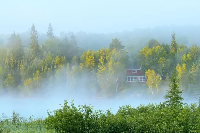Framed Print : Cottage in morning fog on Longbow Lake Kenora Ontario, Canada Framed Print : Cottage in morning fog on Longbow Lake Kenora Ontario, Canada