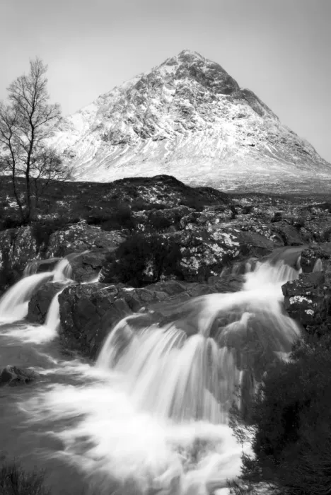 Framed Print : Coupall Falls and Buachaille Etive Mor in winter, Glencoe, Scotland, UK Framed Print : Coupall Falls and Buachaille Etive Mor in winter, Glencoe, Scotland, UK