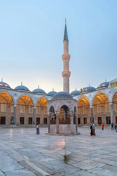 Courtyard of Blue Mosque at dusk, Sultanahmet, UNESCO, Fatih District, Istanbul Province, Turkey