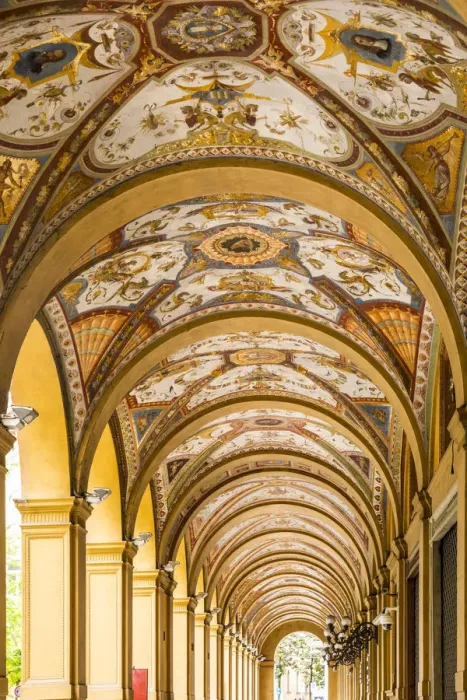 Framed Print : Covered passageway  /  Portico, Via Farini, Bologna, Emilia-Romagna, Italy