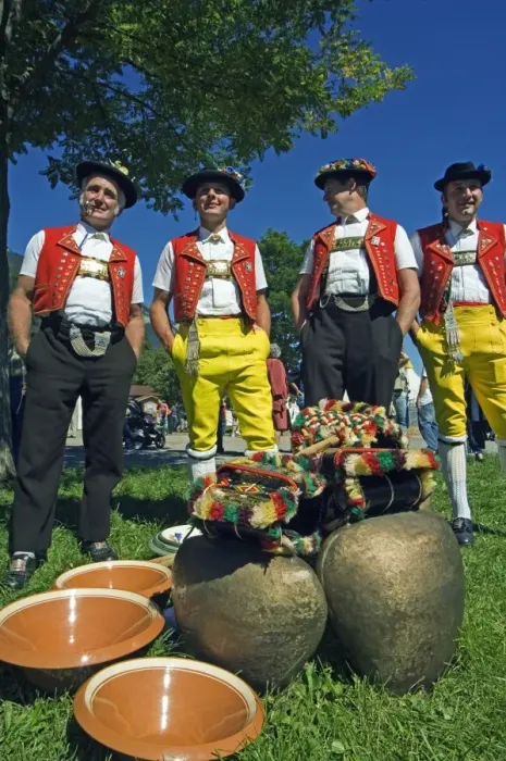 Framed Print : Cowbell ringers in traditional alpine costume Framed Print : Cowbell ringers in traditional alpine costume