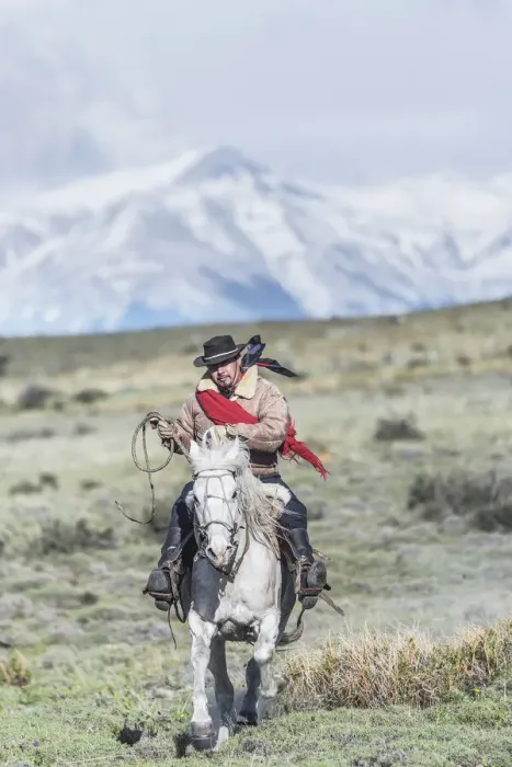 Framed Print : Cowboy on horseback, Torres del Paine National Park, Chile, MR