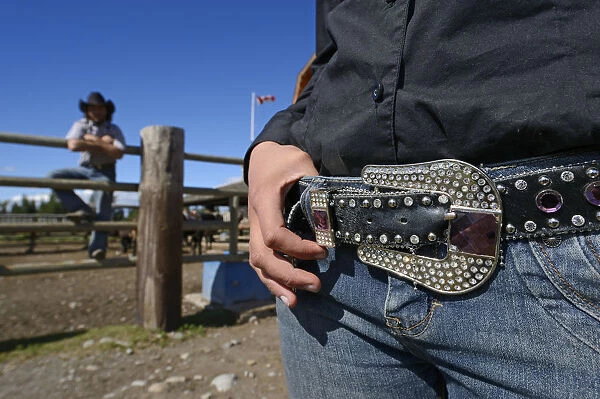 Cowgirl with glitter belt, Rafter Six Ranch, Exshaw, Calgary, Alberta, Canada, North