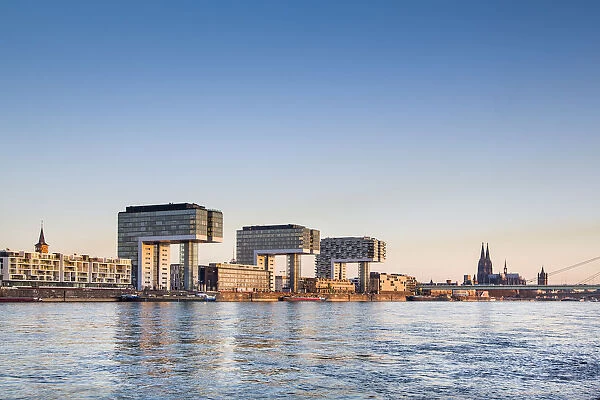 Crane houses, Cologne Cathedral and River Rhine, Rheinauharbour, Cologne, North Rhine