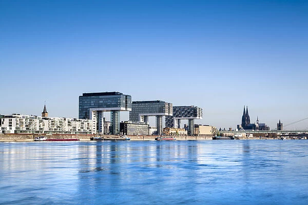 Crane houses, Cologne Cathedral and River Rhine, Rheinauharbour, Cologne, North Rhine