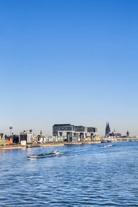 Framed Print : Crane houses, Cologne Cathedral and River Rhine, Rheinauharbour, Cologne, North Rhine