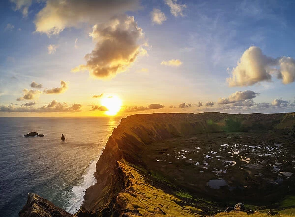 Crater of Rano Kau Volcano at sunset, Easter Island, Chile