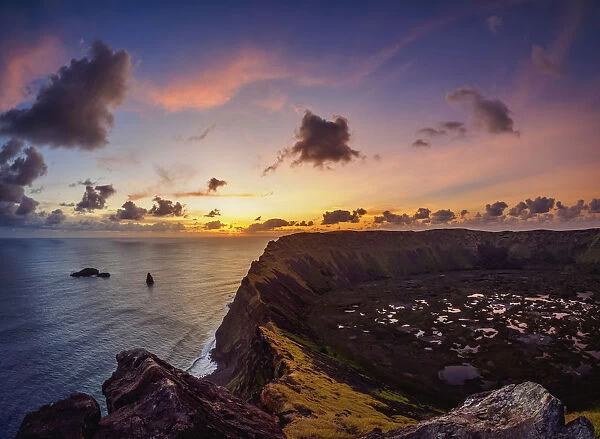 Crater of Rano Kau Volcano at sunset, Easter Island, Chile