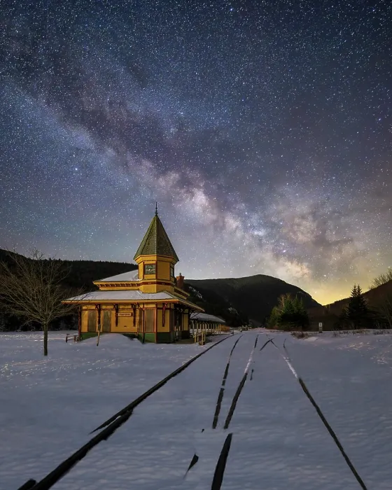Framed Print : Crawford Notch Depot under Milky Way and snow, White Mountain National Forest, Carroll, New Hampshire, USa