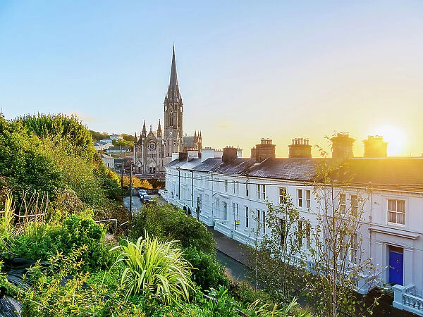 The Crescent and St. Colman's Cathedral at sunrise, elevated view, Cobh, County Cork, Ireland