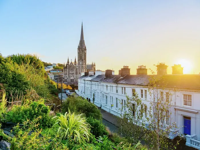Framed Print : The Crescent and St. Colman's Cathedral at sunrise, elevated view, Cobh, County Cork, Ireland Framed Print : The Crescent and St. Colman's Cathedral at sunrise, elevated view, Cobh, County Cork, Ireland