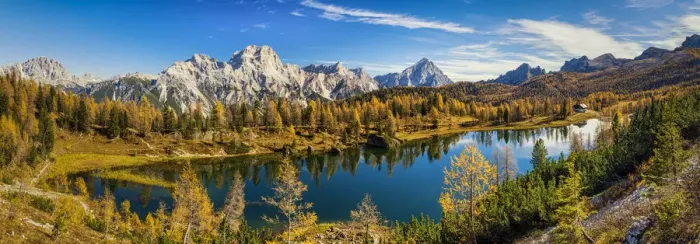 Framed Print : Cristallo Mountains & Lake Federa in Autumn, Dolomites, Italy Framed Print : Cristallo Mountains & Lake Federa in Autumn, Dolomites, Italy