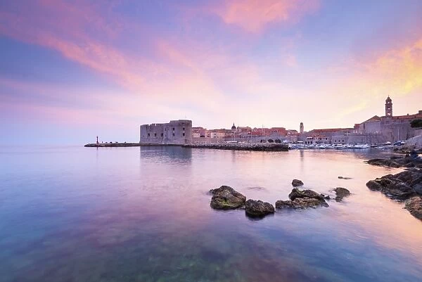 Croatia, Dalmatia, Dubrovnik, Old town, Sunset over the city walls and harbour