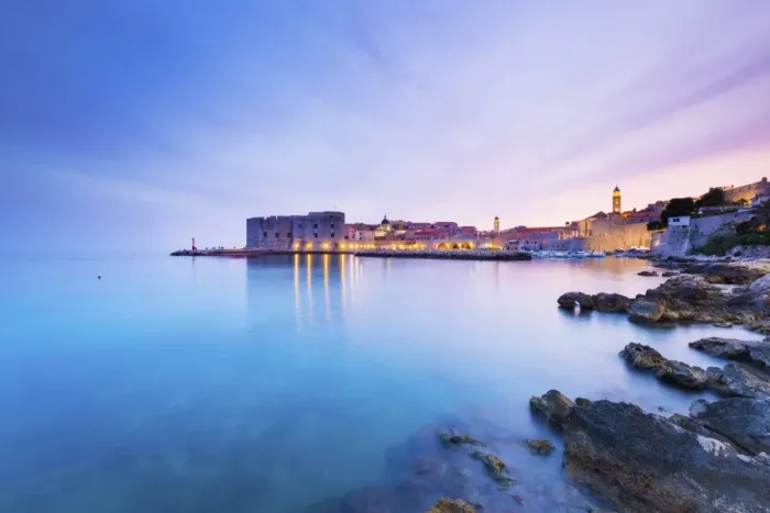 Framed Print : Croatia, Dalmatia, Dubrovnik, Old town, Sunset over the city walls and harbour Framed Print : Croatia, Dalmatia, Dubrovnik, Old town, Sunset over the city walls and harbour