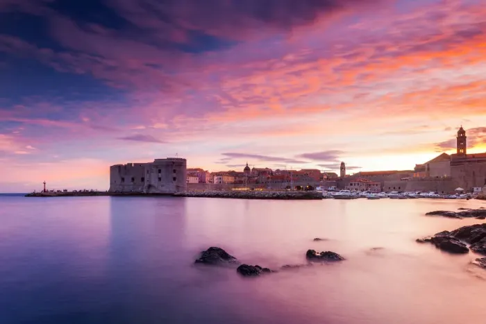 Framed Print : Croatia, Dubrovnik, Boats in the old town harbour at sunset Framed Print : Croatia, Dubrovnik, Boats in the old town harbour at sunset