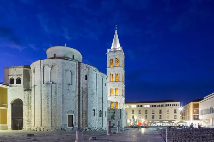 Framed Print : Croatia, Zadar Region, Zadar. Roman ruins in front of the Church of St