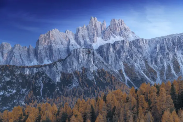 Framed Print : The Croda da Lago and Lastoi de Formin mountains at twilight, with the golden larches glowing in the darkness. Dolomites, Italy Framed Print : The Croda da Lago and Lastoi de Formin mountains at twilight, with the golden larches glowing in the darkness. Dolomites, Italy