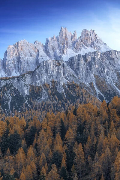 The Croda da Lago and Lastoi de Formin mountains at twilight, with the golden larches glowing in the darkness. Dolomites, Italy