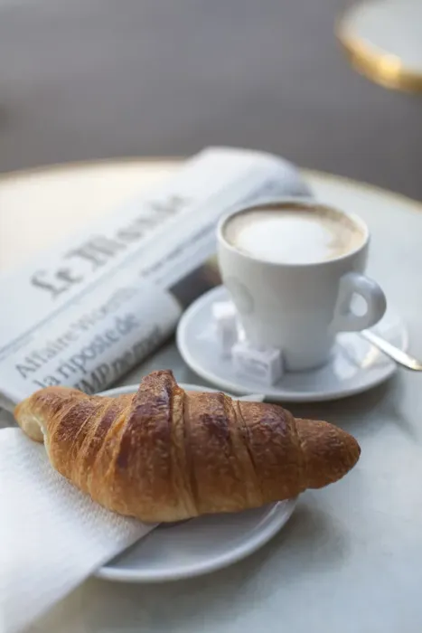 Framed Print : Croissant and coffee in a cafe, Paris, France Framed Print : Croissant and coffee in a cafe, Paris, France
