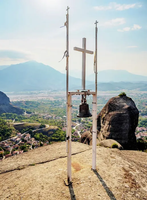 Framed Print : Cross with a bell at the top of the Holy Spirit Rock, Meteora, Thessaly, Greece Framed Print : Cross with a bell at the top of the Holy Spirit Rock, Meteora, Thessaly, Greece