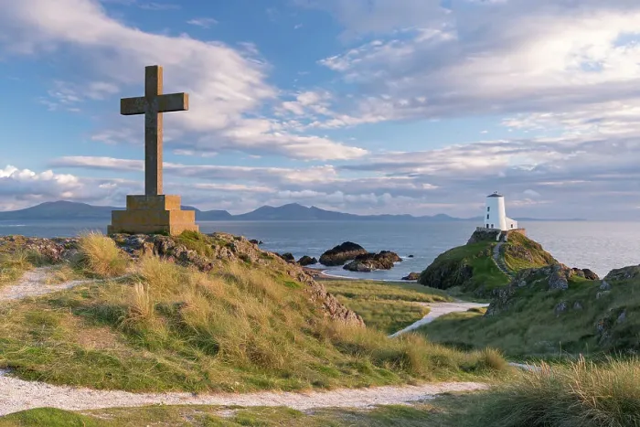 Framed Print : Cross and lighthouse on Llanddwyn Island, Anglesey, Wales. Autumn (September) Framed Print : Cross and lighthouse on Llanddwyn Island, Anglesey, Wales. Autumn (September)